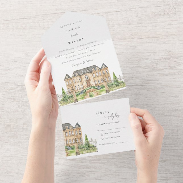 Convite de casamento Clássico de Chateau Watercolo (Aba destacável)