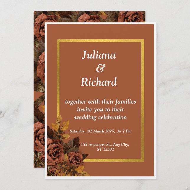 Convite de casamento clássico de Rosa de outono (Frente/Verso)