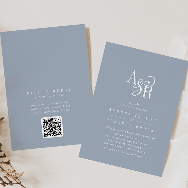 Convite de Casamento Clássico Elegante Andrea em A (ANDREA Dusty Blue QR Code Classic Elegant Wedding Invitation)