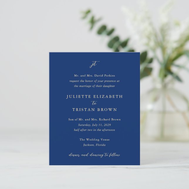 Convite de Casamento Clássico Elegante Azul Marinh (Em pé/Frente)