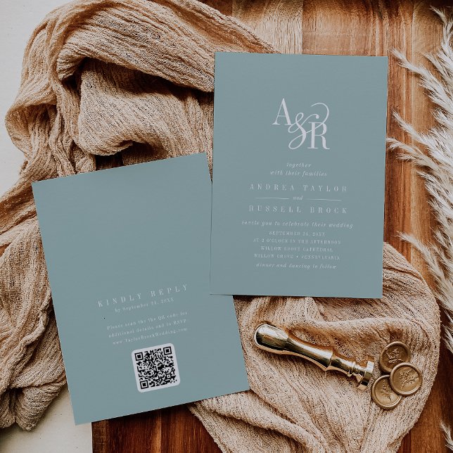 Convite de casamento clássico elegante azul-teal c (ANDREA Teal Blue QR Code Classic Elegant Wedding Invitation)