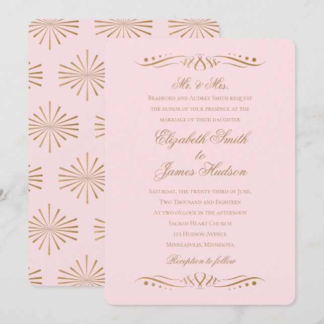 Convite de Casamento Clássico Elegante Bege e Dour (Frente/Verso)