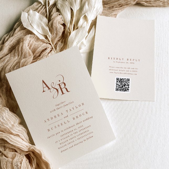 Convite de Casamento Clássico Elegante Boho Creme  (ANDREA Boho Cream QR Code Classic Elegant Wedding Invitation)