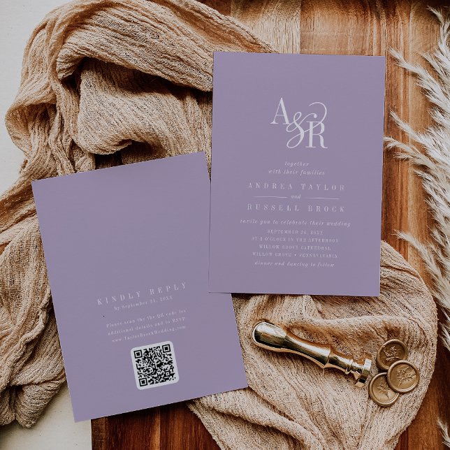 Convite de casamento clássico elegante código QR A (ANDREA Lavender QR Code Classic Elegant Wedding Invitation)