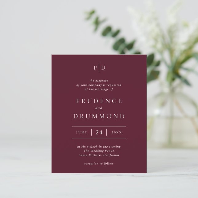 Convite de Casamento Clássico Elegante em Burgundy (Em pé/Frente)