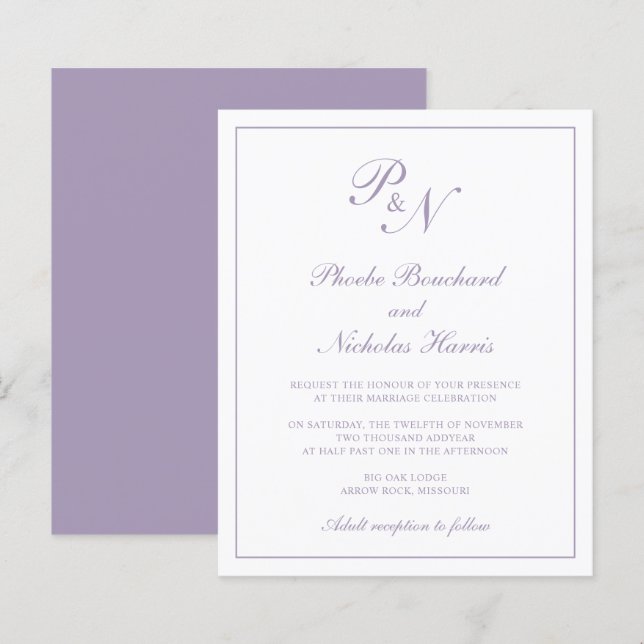 Convite de Casamento Clássico Elegante Roxo Pó Bud (Frente/Verso)