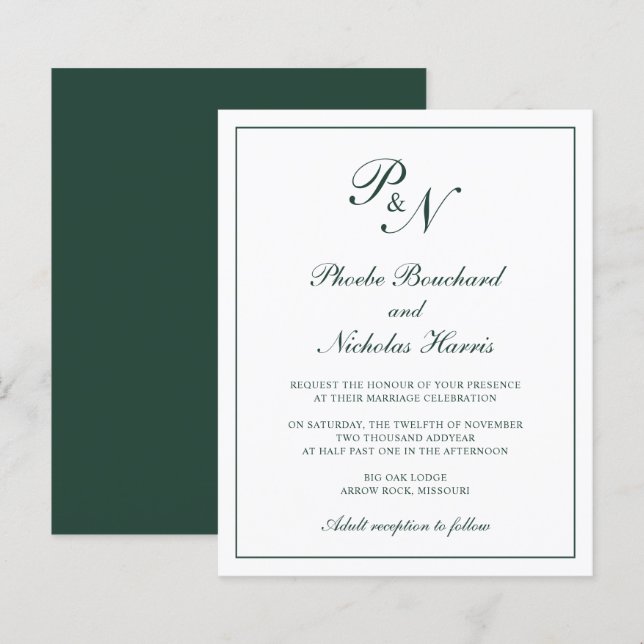 Convite de Casamento Clássico Elegante Verde Flore (Frente/Verso)
