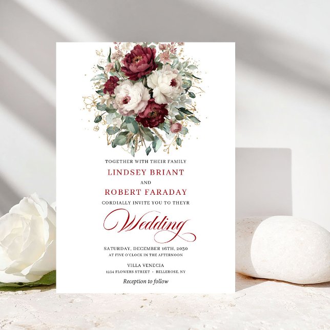Convite de Casamento Clássico em Aquarela Burgundy (Classic Burgundy White Watercolor Wedding Invitation)