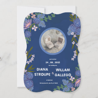Convite de Casamento Clássico Moderno Floral Azul