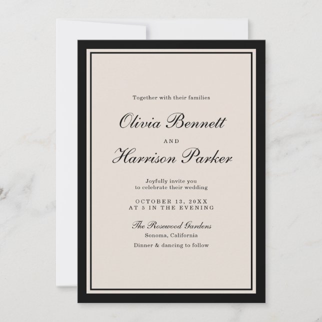 Convite de Casamento Clássico Preto Old Money (Frente)