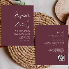 Convite de Casamento Código QR Burgundy Roteiro Or
