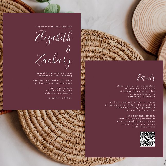 Convite de Casamento Código QR Burgundy Roteiro Or (Criador carregado)