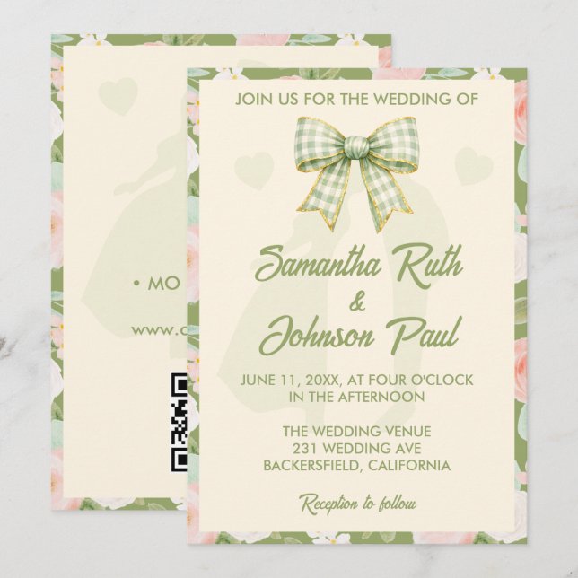 Convite de Casamento Código QR com Laço Xadrez Ver (Frente/Verso)
