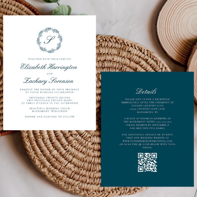 Convite de Casamento Código QR com Monograma Azul  (Criador carregado)