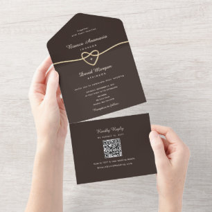 Convite de Casamento Código QR Coração Dourado Mar