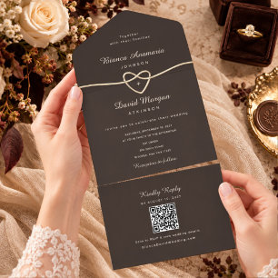 Convite de Casamento Código QR Coração Dourado Mar