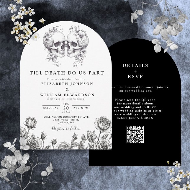 Convite de Casamento Código QR de Caveira Gótica A (All In One Till Death Gothic Skull QR Code Wedding Invitation)
