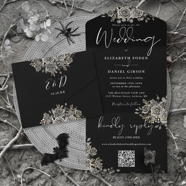 Convite de Casamento Código QR de Rosas Pretas e B (Gothic Black And White Roses QR Code Wedding All In One Invitation)
