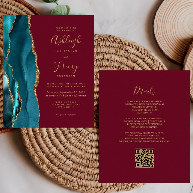 Convite de Casamento Código QR Dourado Burgundy Te (Criador carregado)