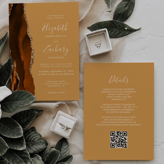 Convite de Casamento Código QR Dourado Mel Ágata L (Criador carregado)