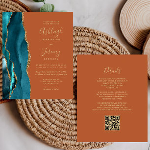 Convite de Casamento Código QR Dourado Teal Orçame