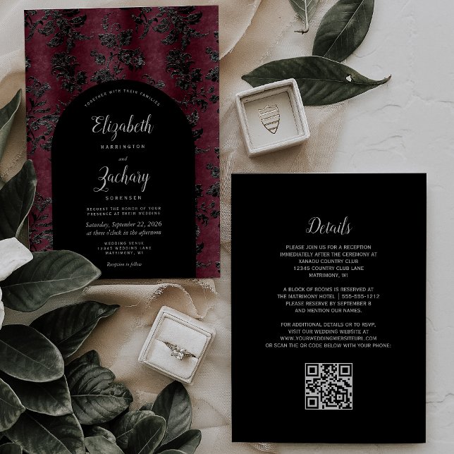 Convite de Casamento Código QR em Damasco Preto Bo (Criador carregado)