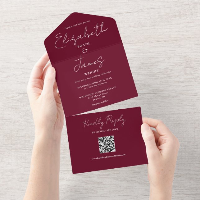 Convite de Casamento Código QR em Grafia Elegante  (Aba destacável)