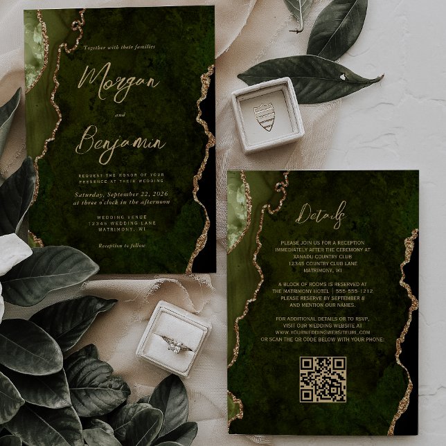 Convite de Casamento Código QR em Olive Green Gold (Criador carregado)