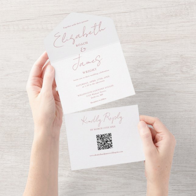 Convite de Casamento Código QR em Rosa Po dusty El (Aba destacável)