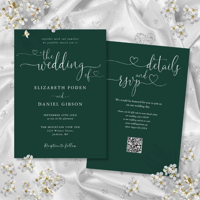 Convite de Casamento Código QR Emerald Green Heart (Emerald Green Heart Script QR Code Wedding Invitation)