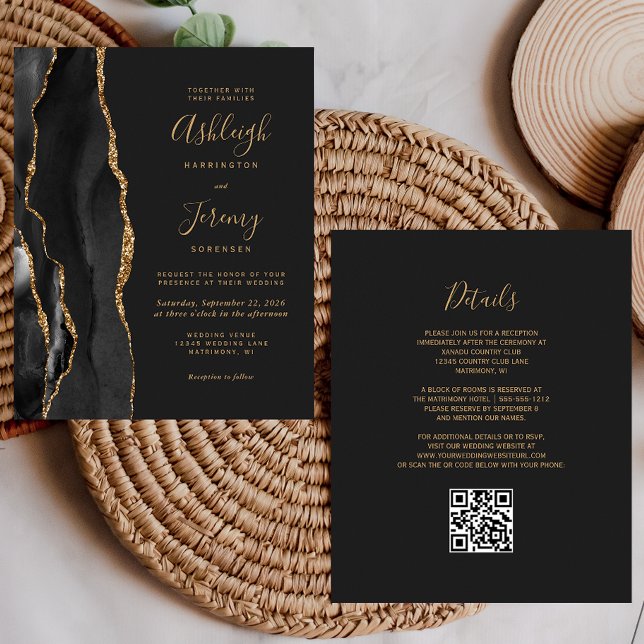 Convite de Casamento Código QR Escuro Ouro Preto O (Criador carregado)