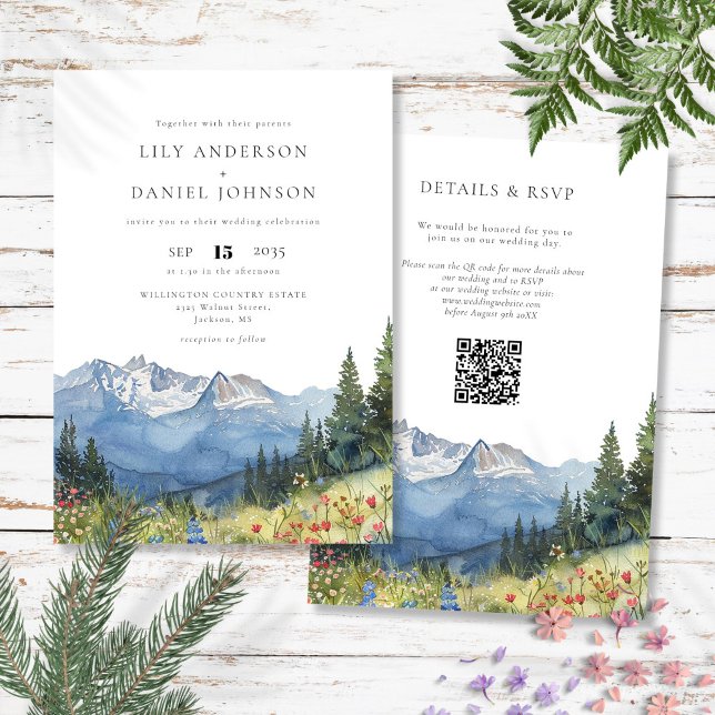 Convite de Casamento Código QR Flor Silvestre Mont (Watercolor Mountain Wildflower QR Code Wedding Invitation)