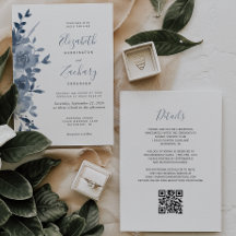 Convite de Casamento Código QR Floral Aquarela Azu