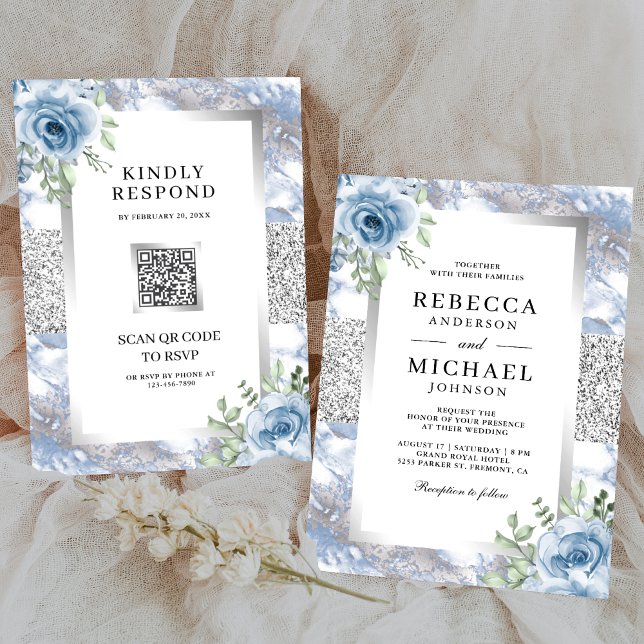 Convite de Casamento Código QR Floral Azul Poeira  (Criador carregado)