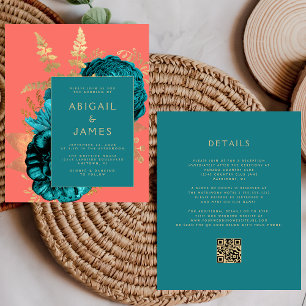 Convite de Casamento Código QR Floral Azul Turques