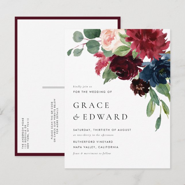 Convite de Casamento Código QR Floral Burgundy Aqu (Frente/Verso)