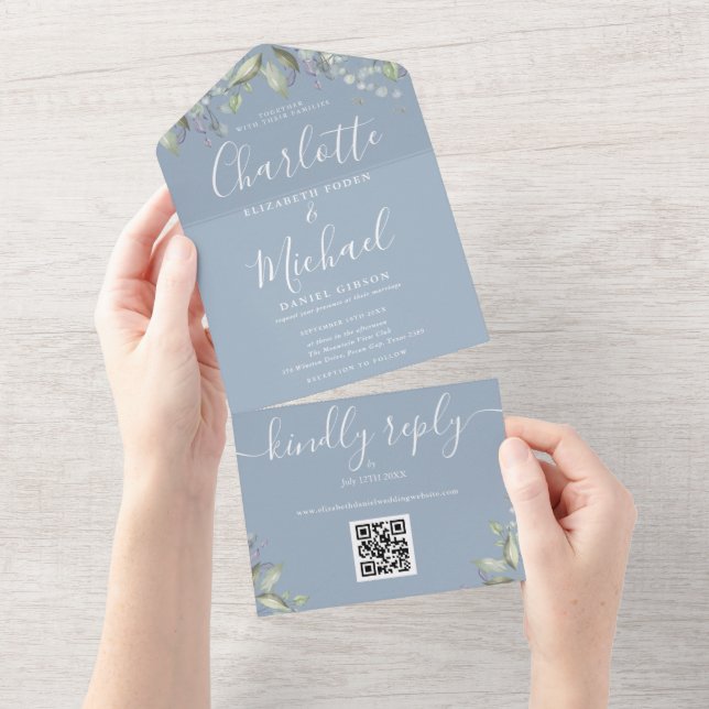 Convite de Casamento Código QR Floral em Azul Poei (Tearaway)