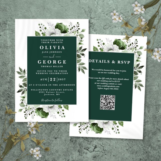 Convite de Casamento Código QR Floral Verde Esmera (Emerald Green Rustic Floral QR Code Wedding Invitation)