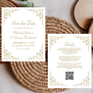 Convite de Casamento Código QR Folhagem Dourada Or