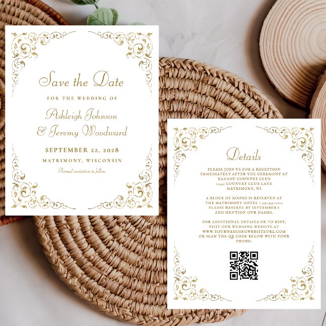 Convite de Casamento Código QR Folhagem Dourada Or (Criador carregado)