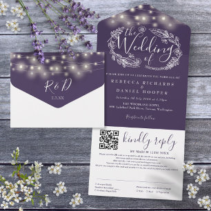 Convite de Casamento Código QR Luzes de Corda Roxa