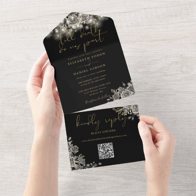 Convite de Casamento Código QR Luzes de Rosas Pret (Tearaway)