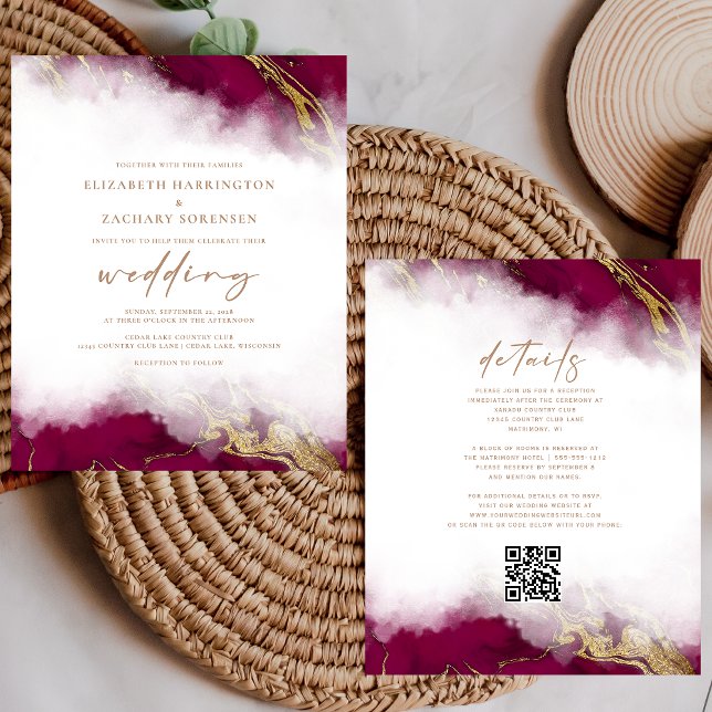 Convite de Casamento Código QR Mármore Burgundy Do (Criador carregado)