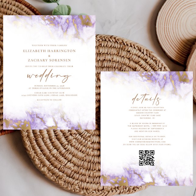 Convite de Casamento Código QR Mármore Lavanda Dou (Criador carregado)