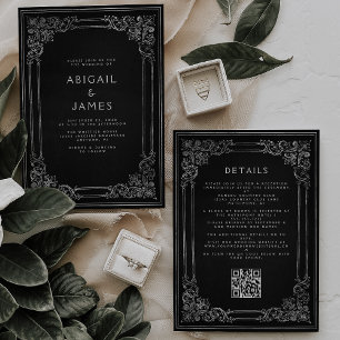 Convite de Casamento Código QR Moldura Preta Prata