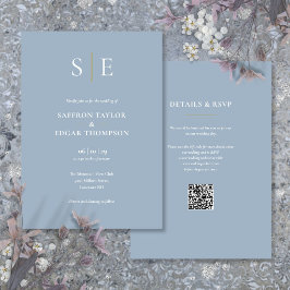 Convite de Casamento Código QR Monograma Azul Poei