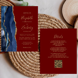 Convite de Casamento Código QR Navy Agate Burgundy