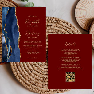 Convite de Casamento Código QR Navy Agate Burgundy