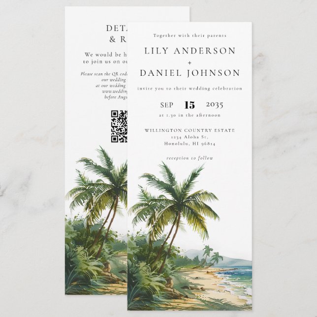 Convite de Casamento Código QR Praia Tropical Aqua (Frente/Verso)