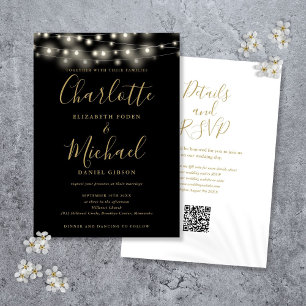 Convite de Casamento Código QR Preto Dourado Luzes